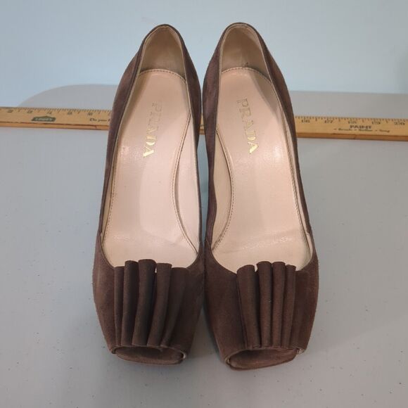 PRADA Womens Size US 5 EUR 35 Brown Suede Flap Platform Pumps Open Toe Italy - Picture 1 of 6